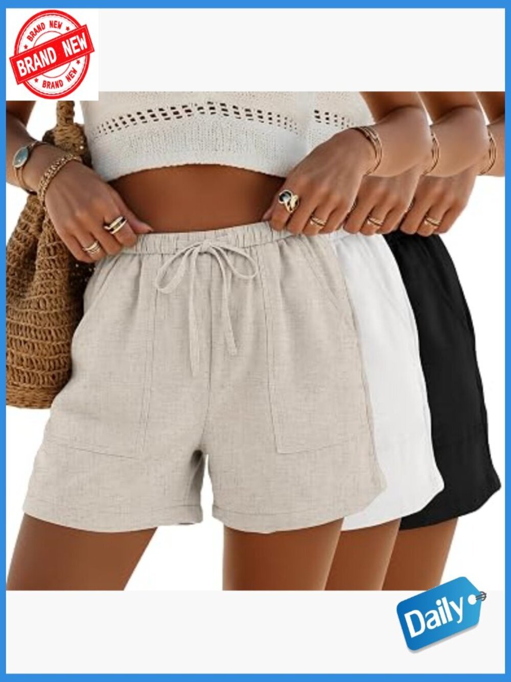 3 Pack Women's Linen Drawstring Shorts Casual Wide Leg with Pockets